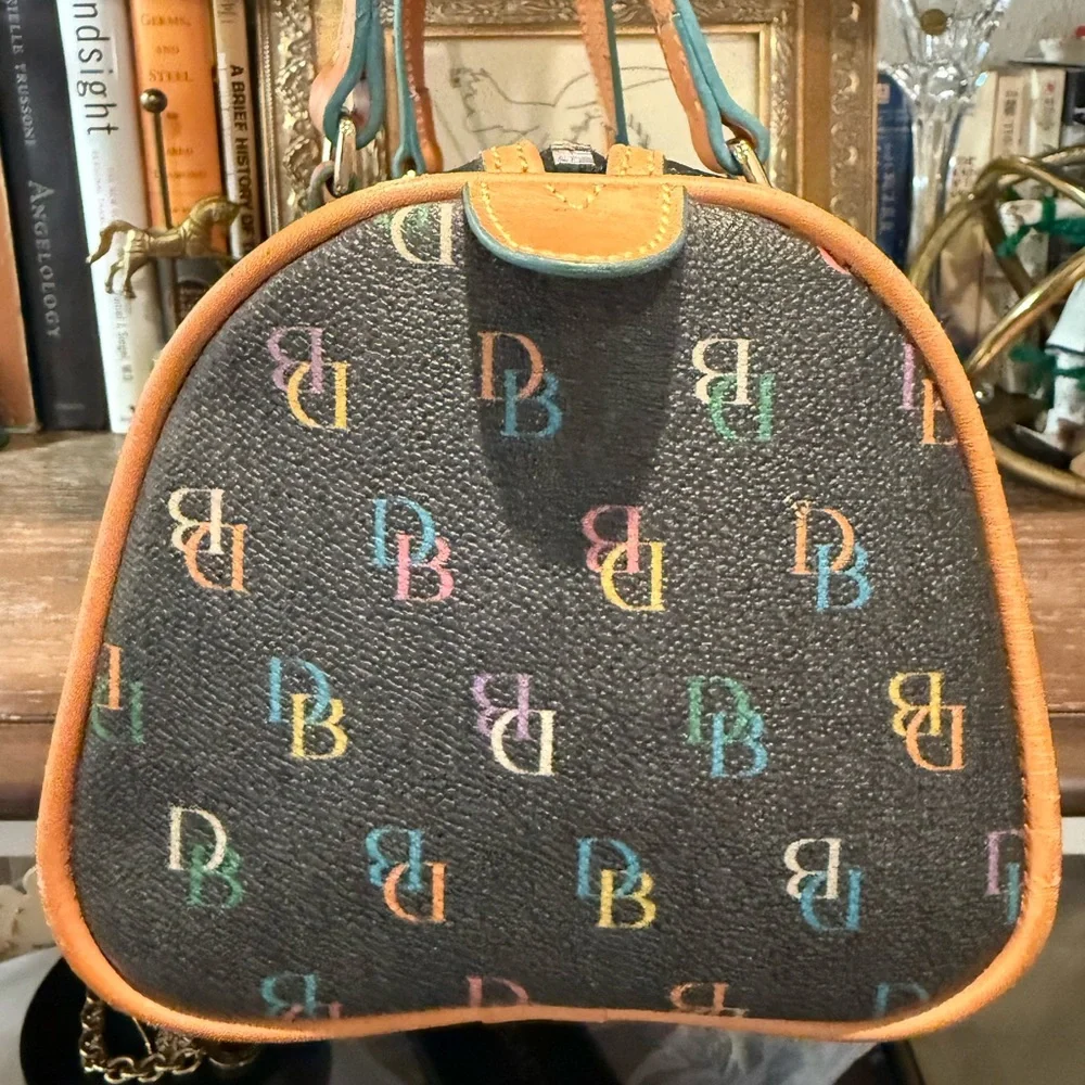 Dooney & Bourke Black Multicolor Logo Barrel Satchel with Tan Trim
